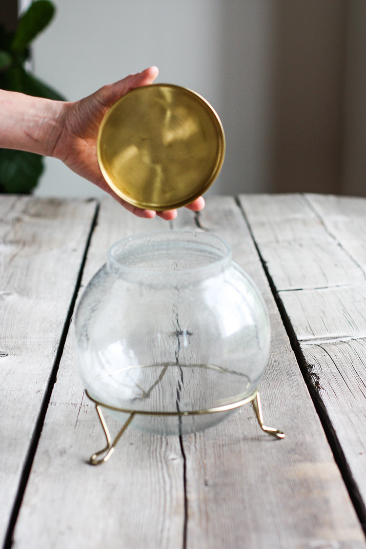 Hand Blown Seed Glass Cookie Jar w/ brass lid and stand...#cookiejar #Moderncookiejar