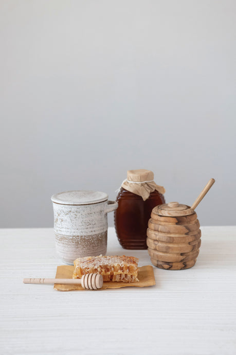 stoneware honey jar, wood honey dipper