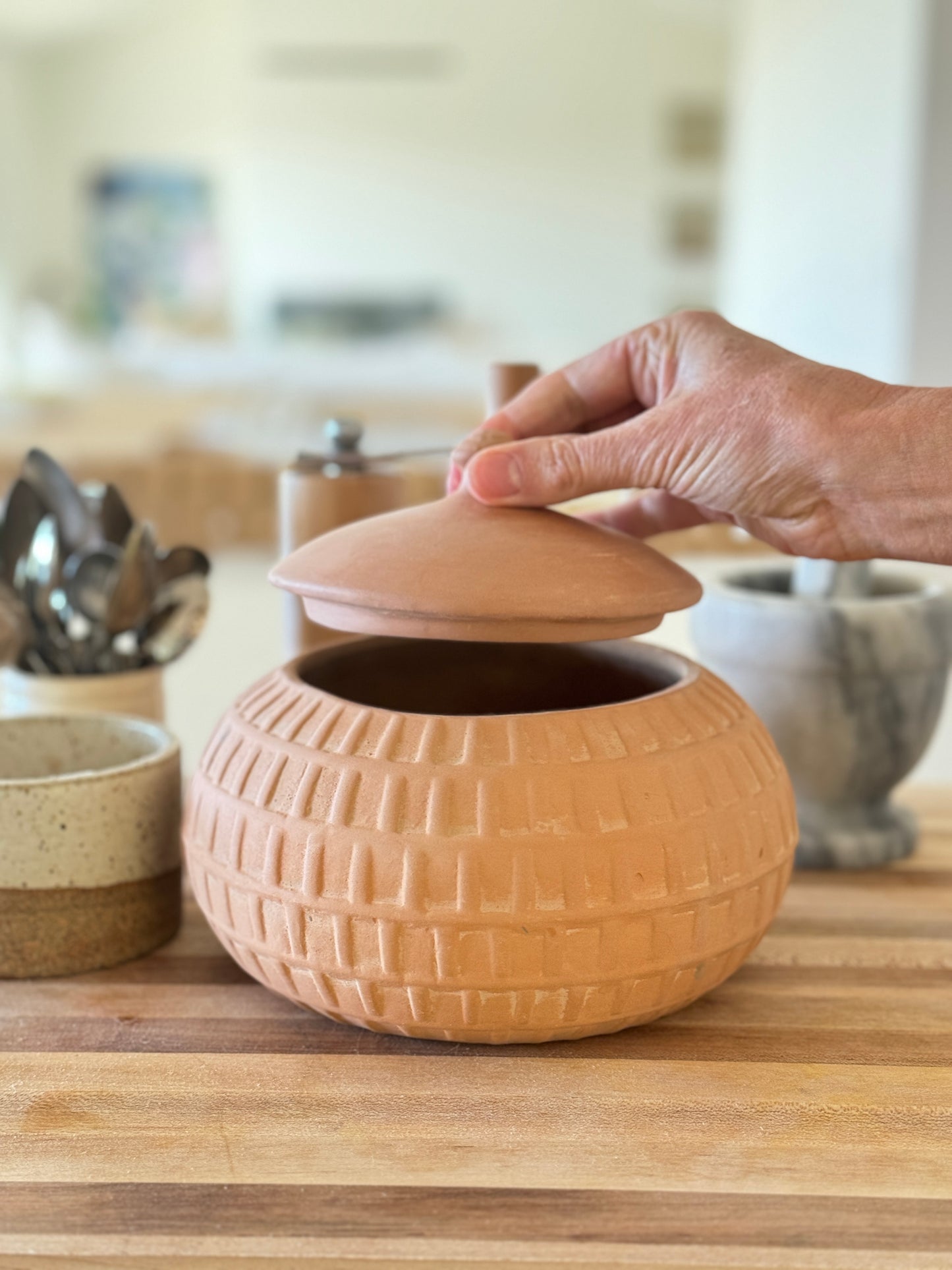 Handmade Carved Terra-Cotta Jar w/ Lid