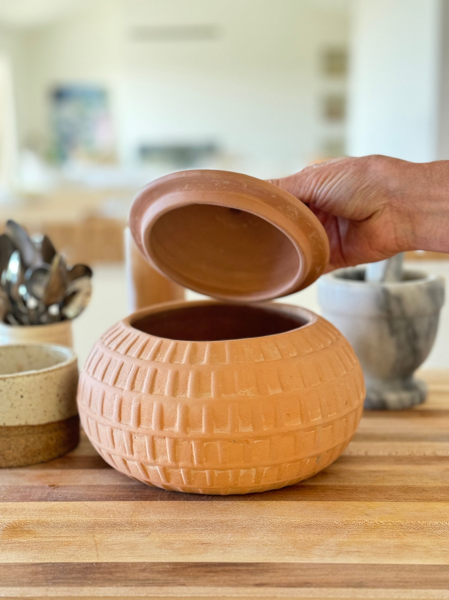 Handmade Carved Terra-Cotta Jar w/ Lid