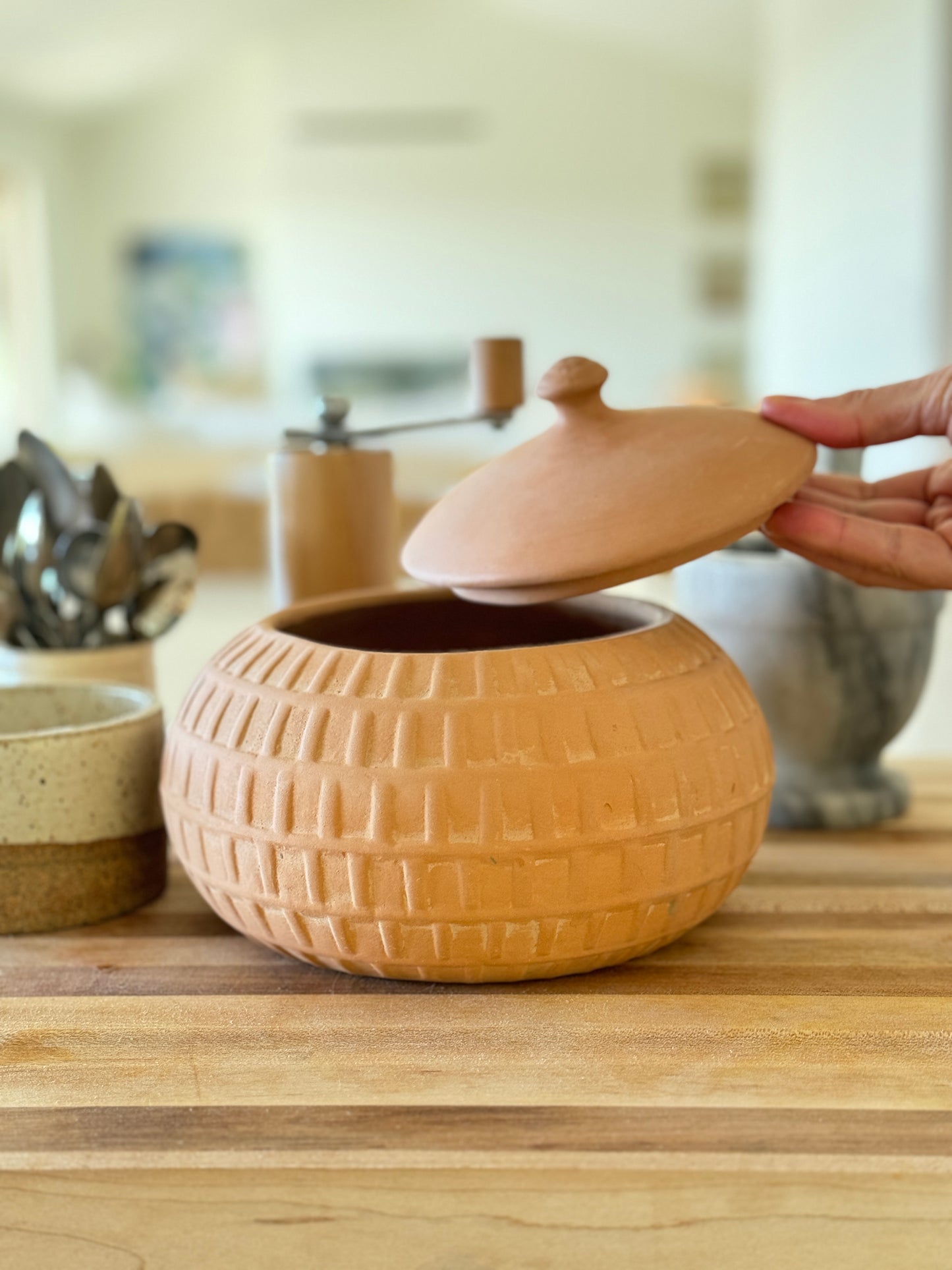 Handmade Carved Terra-Cotta Jar w/ Lid