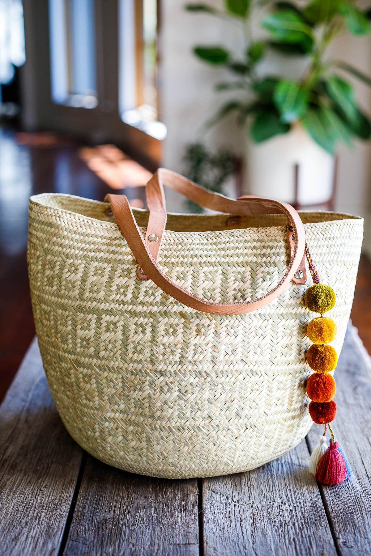 Oaxacan Palm Leaf Tote with Leather Straps