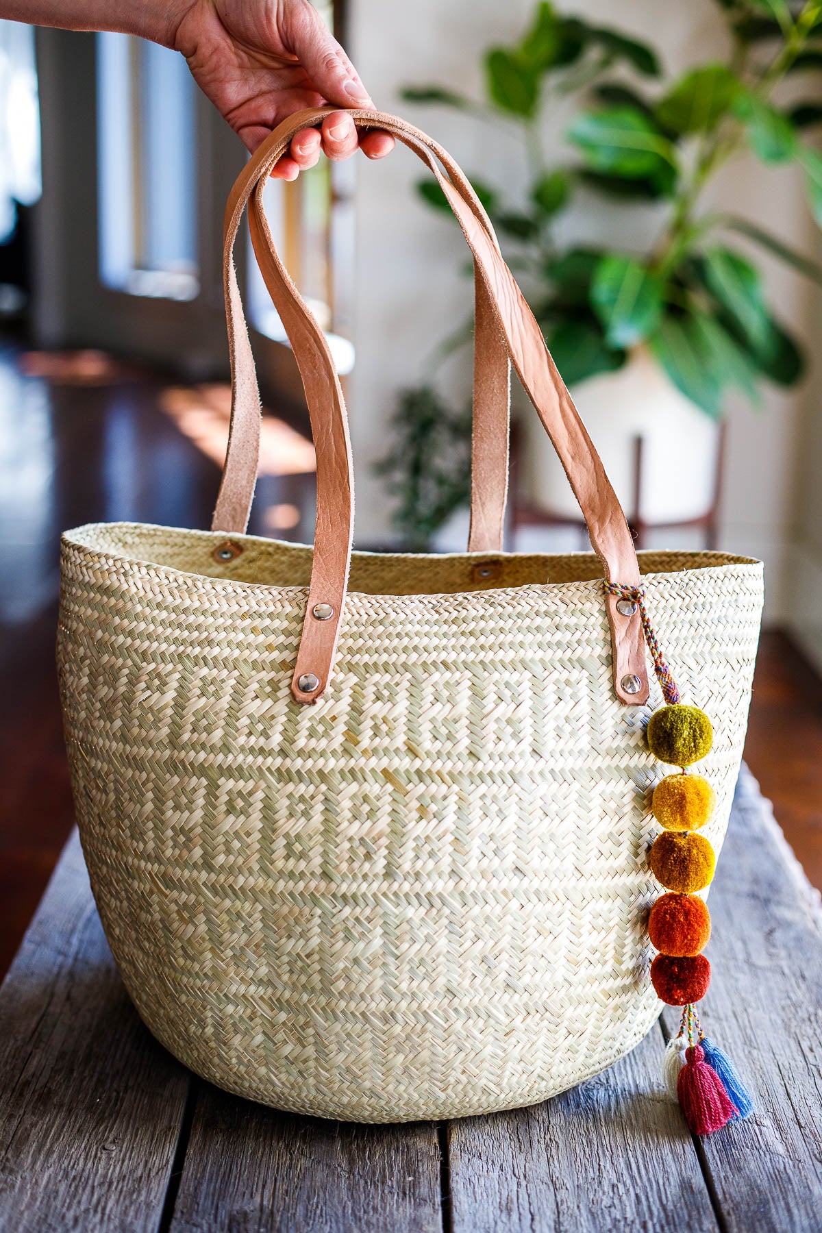 Oaxacan Palm Leaf Tote with Leather Straps