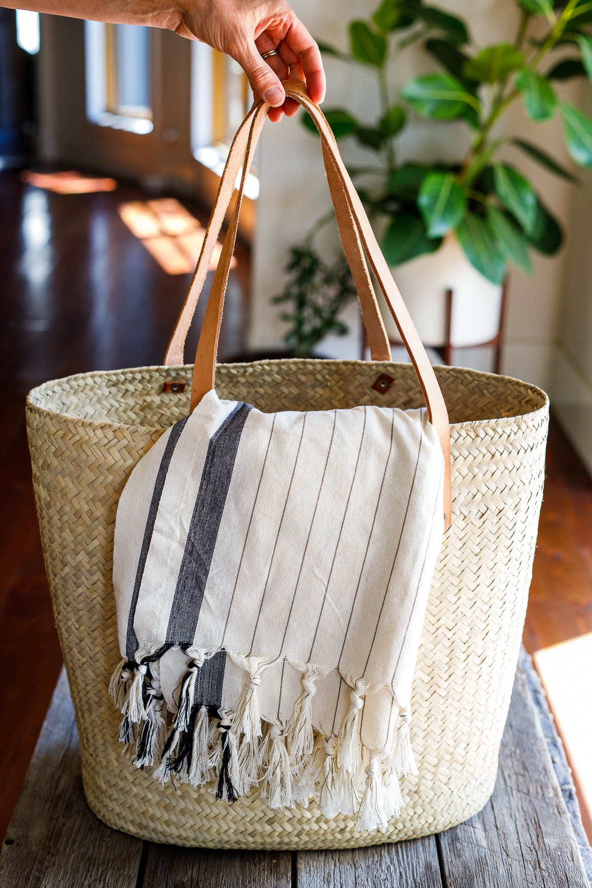 Oaxacan Palm Leaf Tote with Leather Straps