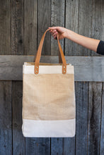 Load image into Gallery viewer, Natural jute and canvas market tote with leather handles, brass rivets, interior pocket #tote
