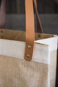 Natural jute and canvas market tote with leather handles, brass rivets, interior pocket #tote