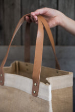 Load image into Gallery viewer, Natural jute and canvas market tote with leather handles, brass rivets, interior pocket #tote
