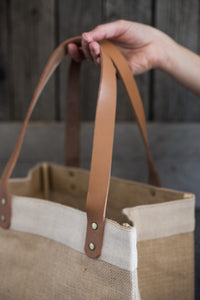 Natural jute and canvas market tote with leather handles, brass rivets, interior pocket #tote