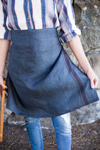 Load image into Gallery viewer, Charcoal colored 100% linen towel doubles as an apron #linenapron #apron 
